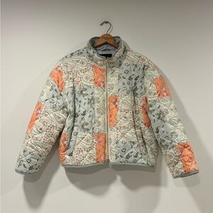 7 For All Mankind Quilted Patchwork Puffer Jacket in Light Blue and Coral